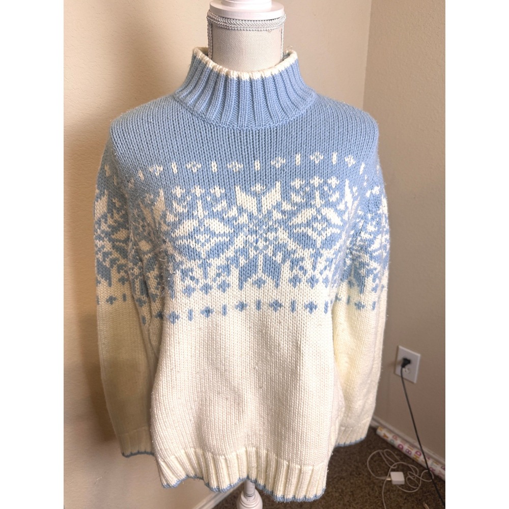 St Johns Bay Blue White Fair Isle Snowflake Sequin Mock Neck Sweater XL